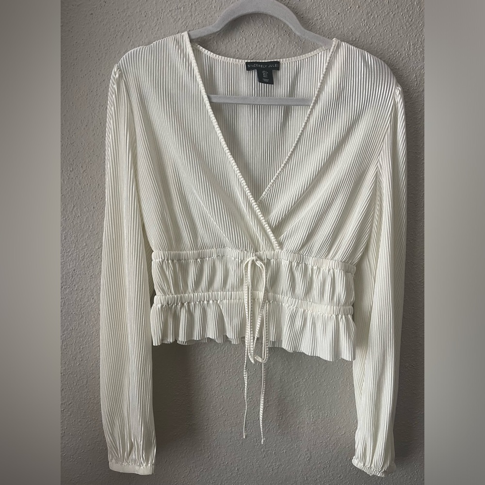 Sincerely Jules Cream Wrap Blouse with Ruffled Tie Front